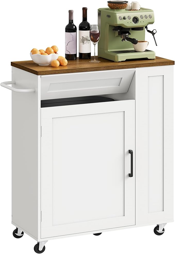 Kitchen Island Cart with Storage, Kitchen Cabinet, Mobile Kitchen Island, Storage Trolley for Kitchen with Hidden Trash Bin Cabinet, for Dining Room, White and Walnut MZD06WL