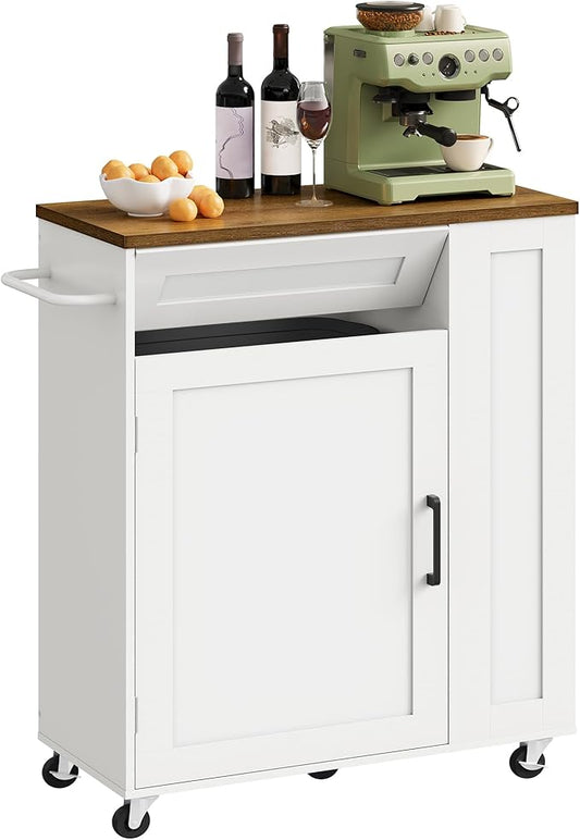 Kitchen Island Cart with Storage, Kitchen Cabinet, Mobile Kitchen Island, Storage Trolley for Kitchen with Hidden Trash Bin Cabinet, for Dining Room, White and Walnut MZD06WL