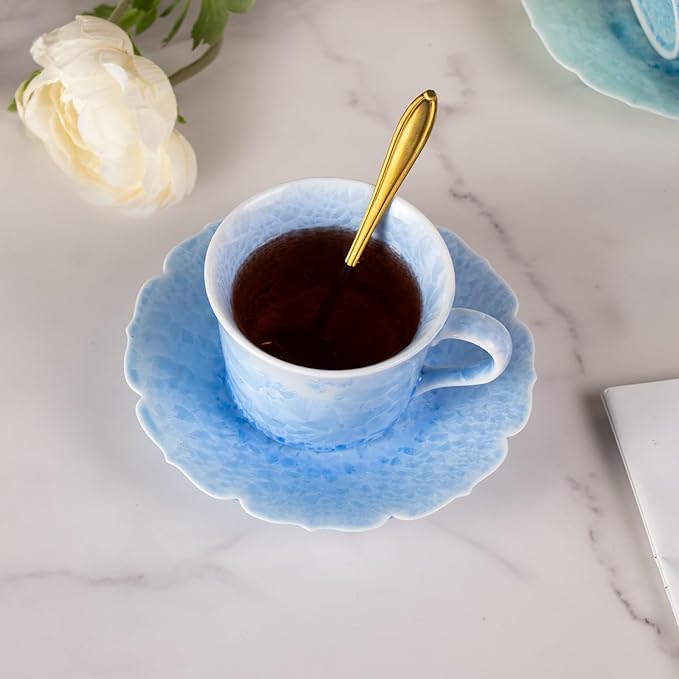 KAMMAK Tea Cups and Saucers Set of 2, Porcelain Coffee Cups, 5oz Crystalline Glaze Espresso Mugs, Ceramic Demitasse for Coffee, Cappuccino, Latte, Americano, Tea (Ice crystal blue + greenish blue)