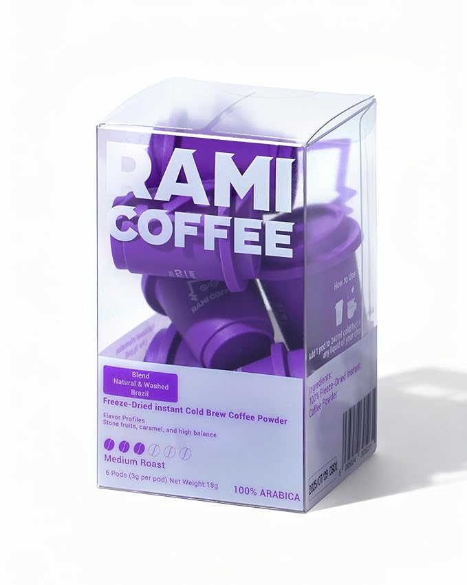 Rami Coffee Cold Brew Freeze Dried Instant Coffee Powder, Medium Roast 100% Arabica, 6 Portable Single Packets for Home Travel Backpacking Camping