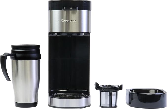 Kenmore Single Serve Coffee Maker – Compatible with Keurig K‑Cup Pods & Ground Coffee, One Cup Brewer, 6–14 Oz Brew Sizes, Travel Mug Friendly, Auto Shut‑Off, Hot & Iced Maquina de cafe, Black