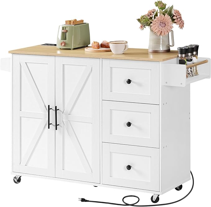 HOOBRO Kitchen Island with Power Outlet, Rolling Kitchen Island on Wheels, Island Table with 3 Large Drawers, Storage Cabinet, Spice Rack and Adjustable Shelf, White and Natural WN15UZD01