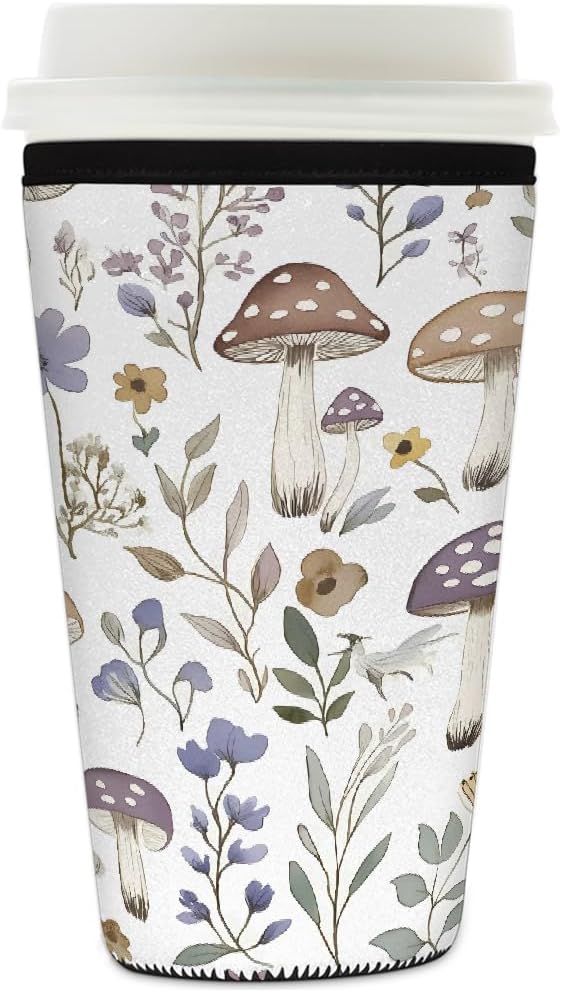 Wildflowers Mushroom Iced Coffee Sleeve for Cold Drink Cups, Reusable Neoprene Insulated Drink Sleeves Cup Cover for Beverages, Fits 16-18 oz