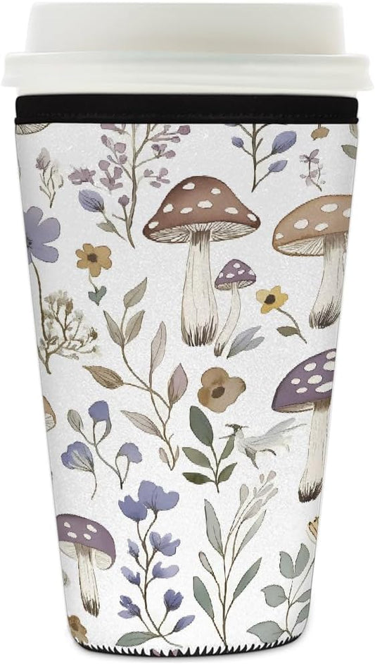 Wildflowers Mushroom Iced Coffee Sleeve for Cold Drink Cups, Reusable Neoprene Insulated Drink Sleeves Cup Cover for Beverages, Fits 16-18 oz