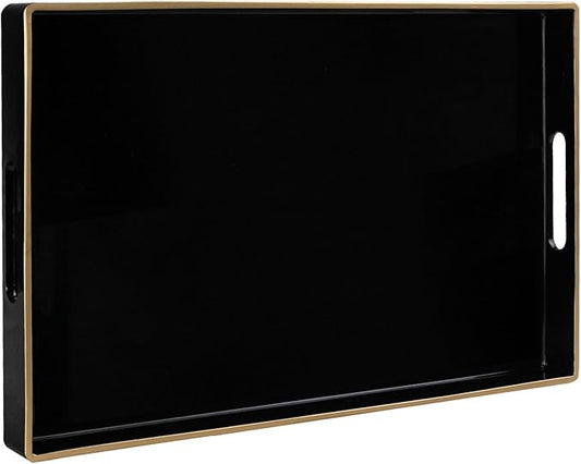 MAONAME Black Decorative Tray for Coffee Table, Modern Serving Tray with Handles, Plastic Rectangular Tea Trays for Ottoman, Bathroom Decor, 15.8” X 10.2” x 1.4"