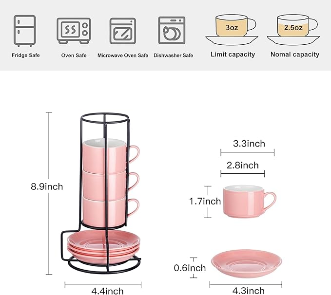 Meichu 2.5oz Porcelain Stackable Espresso Cups with Saucers and Metal Stand Set of 4, Stackable Espresso Cups Set of 4, Pink Expresso Shots Cup Set for Cappuccino, Coffee Drinks, Latte, Tea