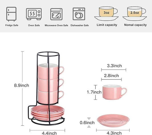 Meichu 2.5oz Porcelain Stackable Espresso Cups with Saucers and Metal Stand Set of 4, Stackable Espresso Cups Set of 4, Pink Expresso Shots Cup Set for Cappuccino, Coffee Drinks, Latte, Tea