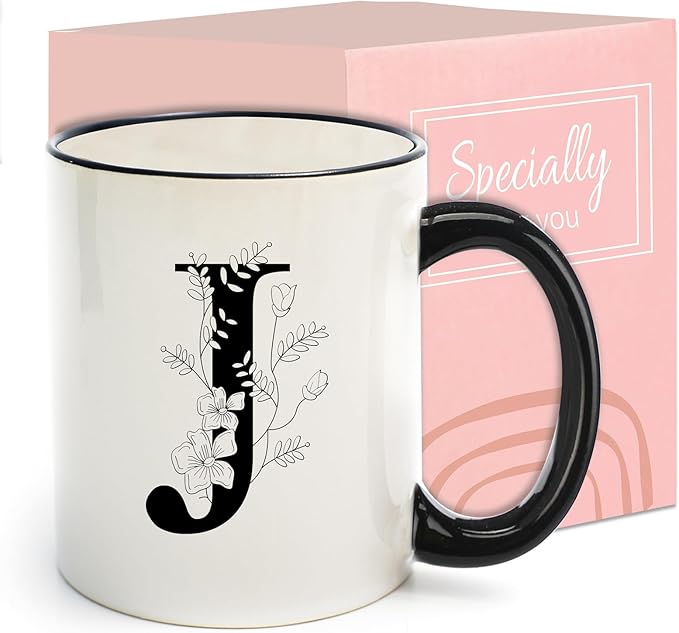 Monogram Ceramic Coffee Mugs, 11 oz Initial Drinking Cup with Gift Box, Unique Birthday Christmas Gifts for Women Wife Mothers Day Grandma Mom Aunt, J