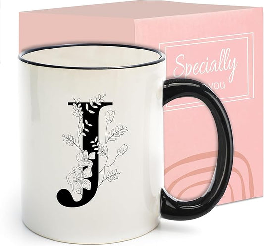 Monogram Ceramic Coffee Mugs, 11 oz Initial Drinking Cup with Gift Box, Unique Birthday Christmas Gifts for Women Wife Mothers Day Grandma Mom Aunt, J