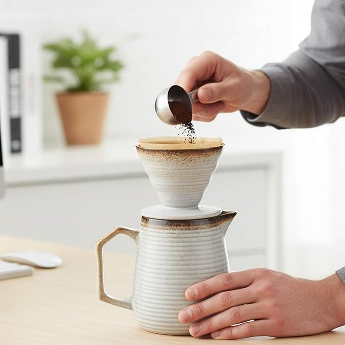 Pour Over Coffee Maker Set - Ceramic V60 Dripper Pot, Heat-Resistant & Easy Clean, Manual Slow Drip Coffee Brewer for Office, Home, Camping 1-3 Cup Pour Over Kit 20 coffee filters (white)