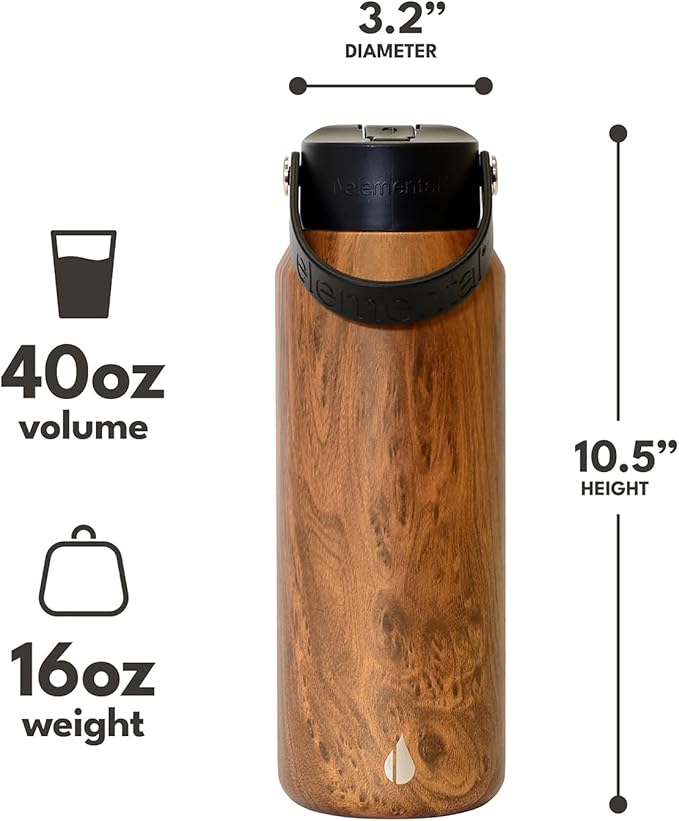 Elemental 40oz Insulated Water Bottle with Straw - 100% Leak-Proof Stainless Steel Core Water Bottles for Travel, Sports and Gym - Double Wall Insulation & BPA Free - Teak Wood