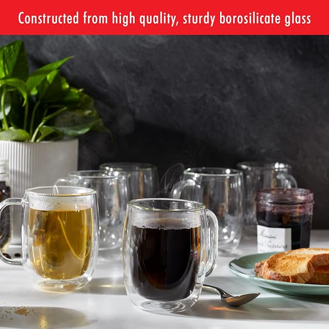 ZWILLING Sorrento Plus 4-pc Double-Wall Glass, Insulated Coffee Mug, 12-oz, 355ml, Clear