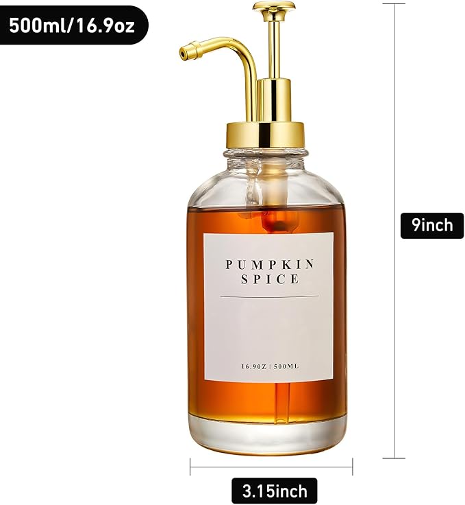 Coffee Syrup Dispenser for Coffee Bar, Coffee Syrup Pump Dispenser, Glass Syrup Bottle with Gold Upgraded Pump, 4 Pack 16.9 oz 500 ml Syrup Dispensers, 28 Labels and 2 Bamboo Tray