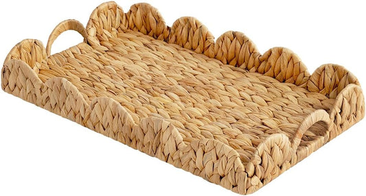StorageWorks Large Wicker Scalloped Edge Serving Tray, Rectangle Tray with Built-in Handles, Hand-Woven Scalloped Rattan Tray, Wicker Trays for Décor, Natural Water Hyacinth