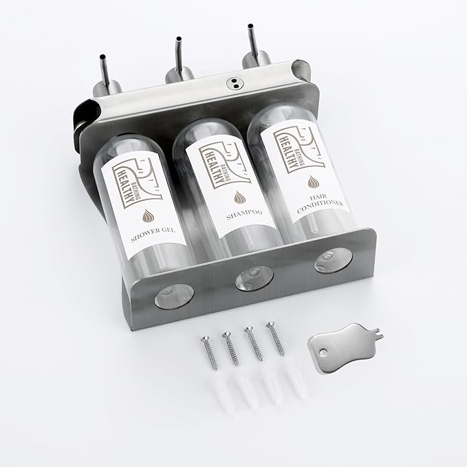 Brushed Silver Shampoo, Conditioner, Body Wash Dispenser Eco-Friendly 3 Compartment Refillable Shampoo and Conditioner Pump Bottle, Wall Mounted Slot Shower Soap Dispenser (KCLS-3)