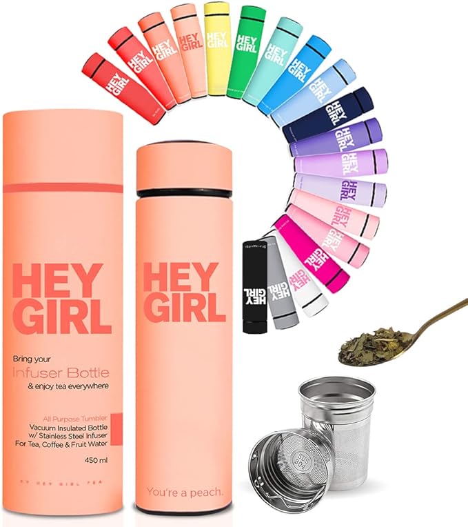 Hey Girl Tea Infuser Bottle 450ml - Insulated Stainless Steel Water Bottle - Tea Tumbler with Tea Diffuser - Portable Travel Mug for Loose Leaf Tea & Infused Water - Tea Lovers Gifts for Women