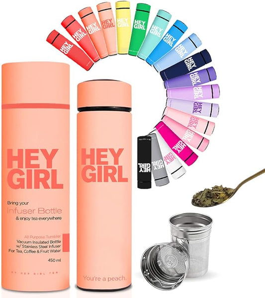 Hey Girl Tea Infuser Bottle 450ml - Insulated Stainless Steel Water Bottle - Tea Tumbler with Tea Diffuser - Portable Travel Mug for Loose Leaf Tea & Infused Water - Tea Lovers Gifts for Women