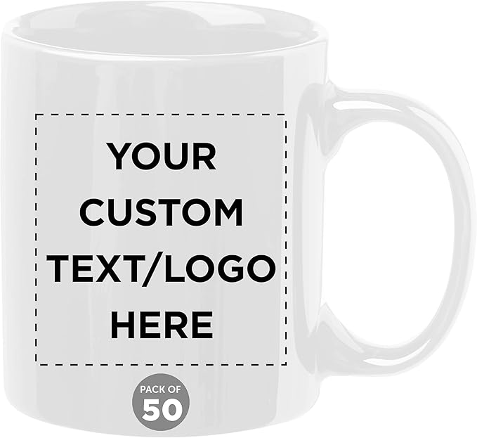 Custom Ceramic Coffee Mugs 11 oz. Set of 50, Personalized Bulk Pack - Coffee cup set, Iced coffee cup, Gaming mug - White