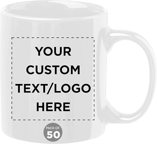 Custom Ceramic Coffee Mugs 11 oz. Set of 50, Personalized Bulk Pack - Coffee cup set, Iced coffee cup, Gaming mug - White
