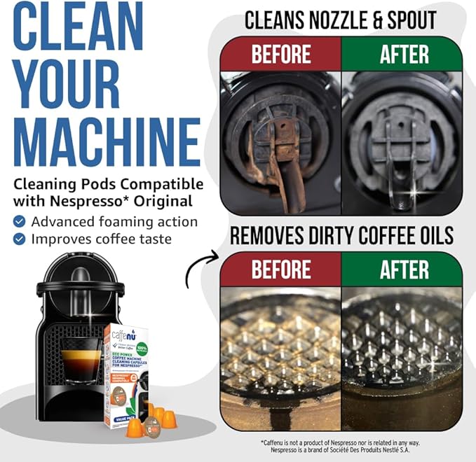 Caffenu Nespresso Compatible Cleaning Pods. 10 Cleaner Capsules. Improved Coffee Flavor. For Nespresso Originaline, Use with Descaling Kit.