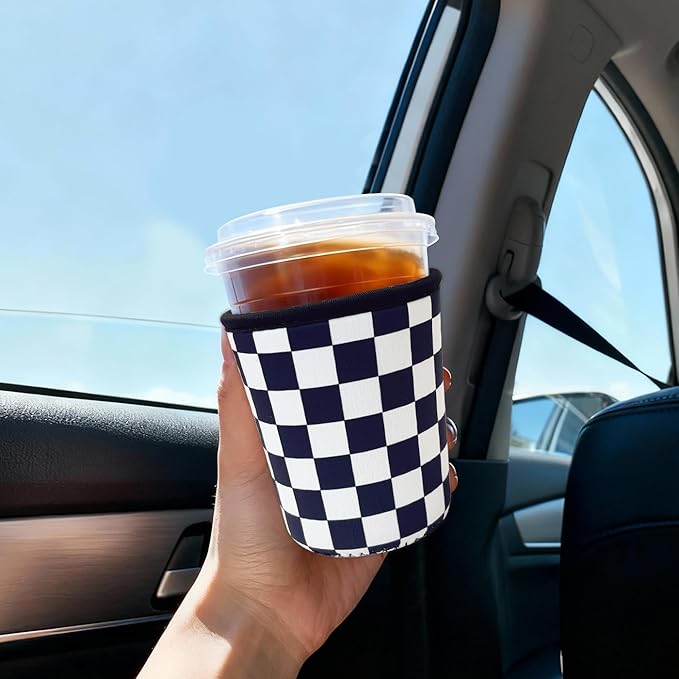 Reusable Insulated Sleeve for Iced Coffee Cup, Coffee Neoprene Sleeve for Cold & Hot Drinks, Beverage Holder for Iced Coffee (Checker Grid, Small: 16-18oz)