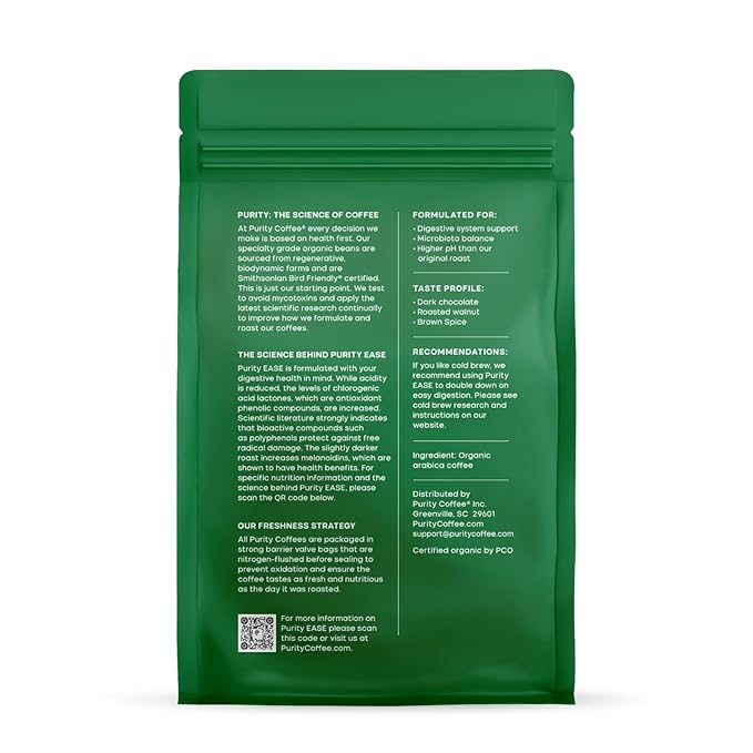 Purity Coffee EASE Low Acid Dark Roast Whole Bean (12oz Bag) | Specialty-Grade USDA Organic Arabica Blend | Third Party Tested for Mold, Mycotoxins & Pesticides