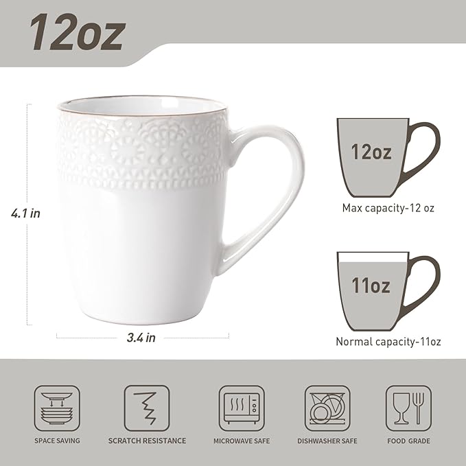 famiware Coffee Mugs Sets for 4, 12 oz Mug Set, Coffee Cups with Handle for Coffee, Tea, Cocoa and Milk, Microwave and Dishwasher Safe, White Floral