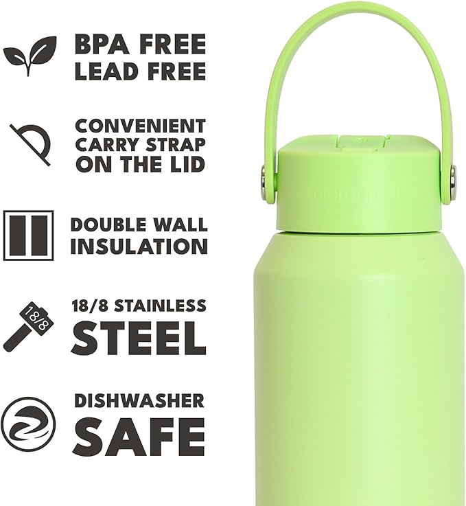 Elemental 40oz Insulated Water Bottle with Straw - 100% Leak-Proof Stainless Steel Core Water Bottles for Travel, Sports and Gym - Double Wall Insulation & BPA Free - Key Lime