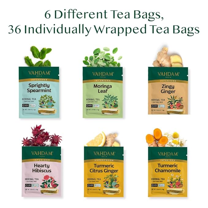 VAHDAM, Assorted Herbal Tea Gift Set (36 Tea Bags, 6 Flavors) Caffeine-Free, Non-GMO | Double Infusion, Individually Enveloped Tea Bags | Herbal Tea variety Pack | Valentines Day Gifts for Him & Her