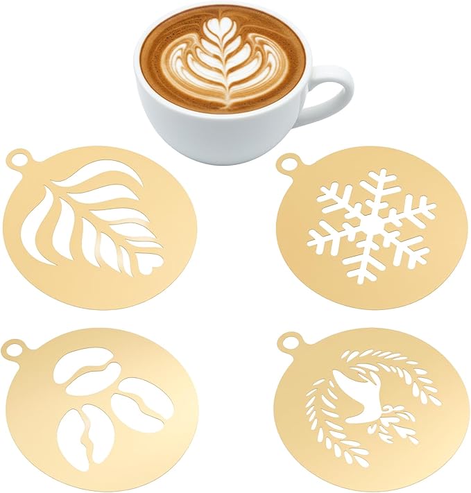 4 Pcs Coffee Stencils,Large Coffee Stencils Latte Art,Lattes Stencilss with Various Patterns for Cappuccino Chocolate Lattes Cake Decorating Coffees Shop and Home Use(Gold,4.53IN)