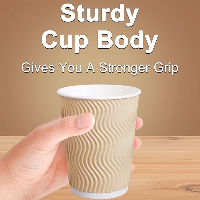 Hot Paper Cups 16 oz Disposable Insulated Corrugated Sleeve Ripple Wall Paper Cup 100 pcs,16oz Cups for Drink，Hot Coffee Cups (Brown)