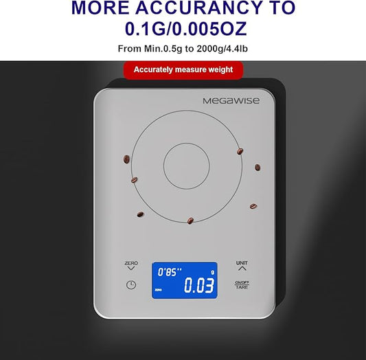 MEGAWISE High Precision Coffee Scale with Timer, Dual Power Supply, Waterproof Tempered Glass, 5 Weighing Modes, Professional Coffee Brewing Timer