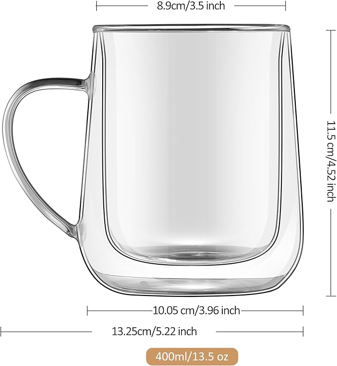 Joeyan Clear Double Walled Glass Coffee Mugs, Double Layer Tea Latte Cappuccino Cups with Handle, Double Lined Insulated High Borosilicate Glassware for Milk and Other Hot Beverages, 13.5 oz, Set of 2
