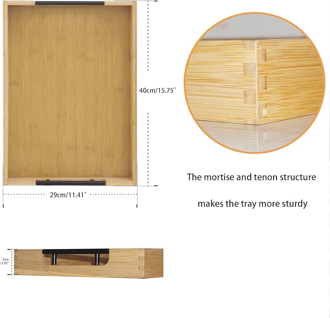 Krismax Wooden Serving Tray with Handles, Serving Platter 15.7x11.4 Inch Food Drinks Tray for Coffee Table,Decorative Storage Tray for Entertaining, Breakfast Tray in Bed,Lunch,Dinner,BBQ(Bamboo)