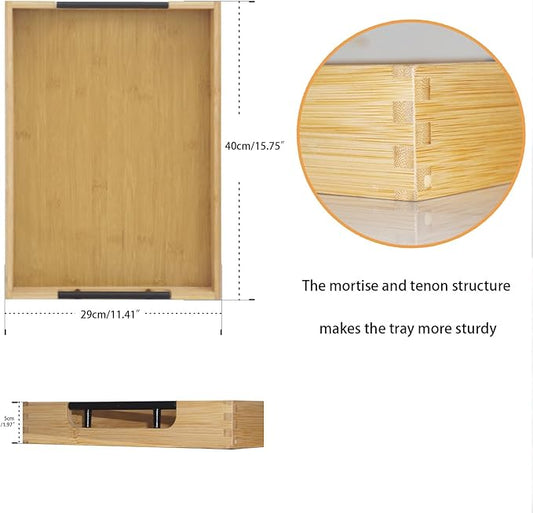 Krismax Wooden Serving Tray with Handles, Serving Platter 15.7x11.4 Inch Food Drinks Tray for Coffee Table,Decorative Storage Tray for Entertaining, Breakfast Tray in Bed,Lunch,Dinner,BBQ(Bamboo)