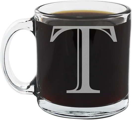 Spotted Dog Company Etched Monogram 12oz Clear Glass Coffee Mug (Letter T), A-Z Customized Coffee Gifts, Custom Engraved Gifts for Women Her, Personalized Gift for Men, Initial