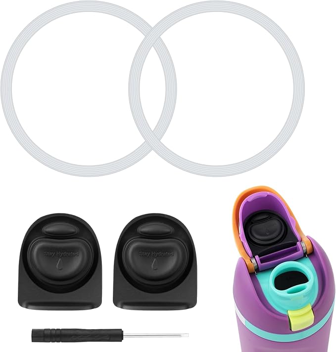 2pcs Rubber Bottle O Seal Ring & 2pcs Replacement Stopper for Owala FreeSip 24oz 32oz, BPA-Free Silicone Water Bottle Top Lid Mouth Parts for Owala 16/19/24/32/40oz Cap Gasket Plug Accessories(Black)