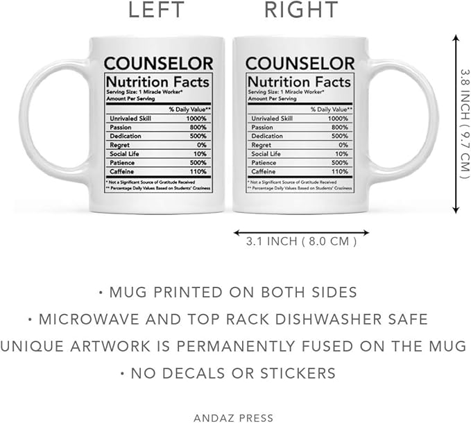 Andaz Press Funny 11oz. Ceramic Coffee Tea Mug Thank You Gift, Counselor Nutritional Facts, 1-Pack