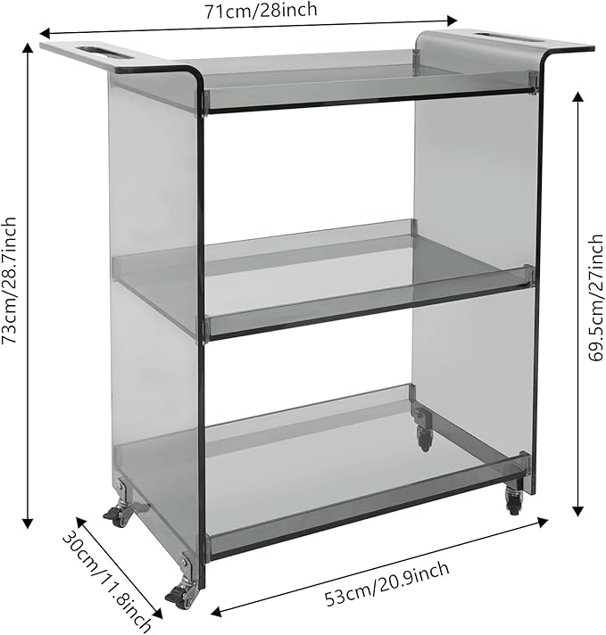 Rolling Serving Cart 3-Tier Small Bar Cart with Lockable Casters Storage Rolling Trolley 66lbs Capacity Mobile Kitchen Trolley for Home, Kitchen, Cafe (28 * 11.8 * 28.7in, Smoke Gray)