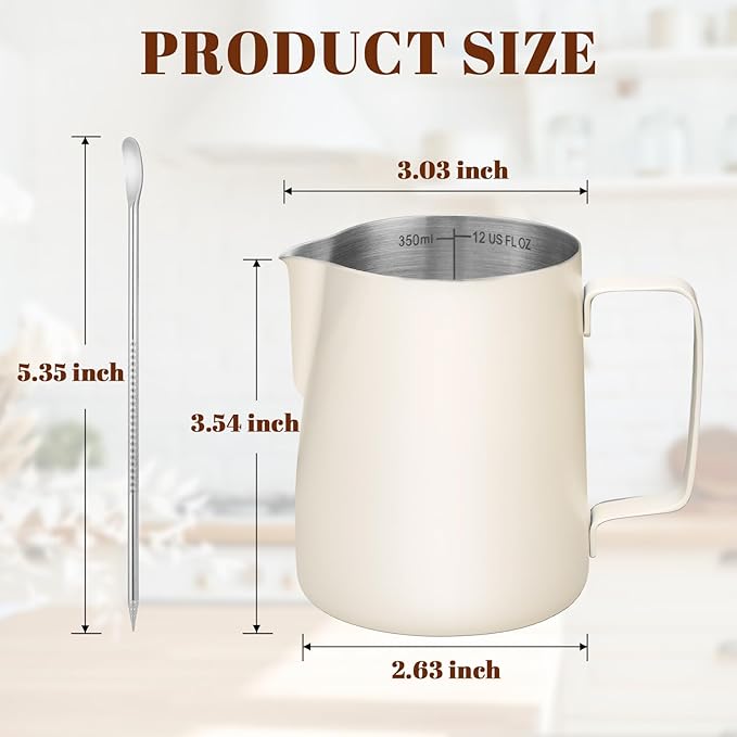 Milk Frothing Pitcher, 12oz Milk Frother Cup with Clear Scale, 304 Stainless Steel Cappuccino Espresso Machine Accessories for Barista Coffee Bar with Latte Art Pen, White