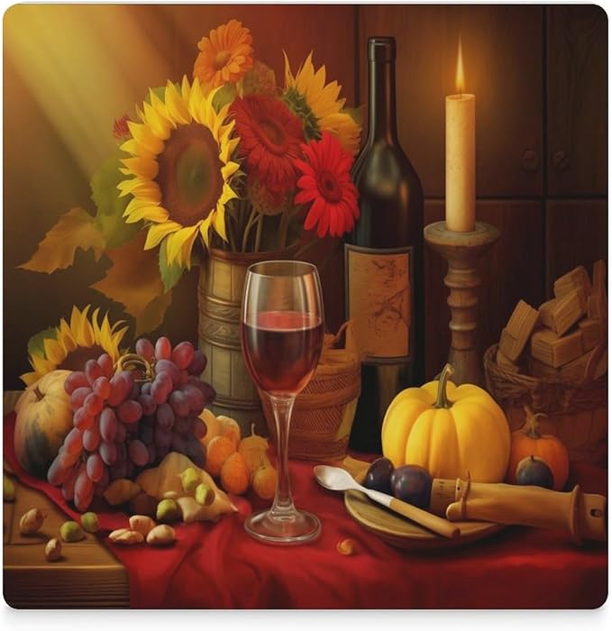 6PCS Red Wine Drink Coasters, Square Modern Ceramic Absorbent Coasters, Retro Wood Style Red Wine Fruit Grapes Fruit Floral Sunflower Decor Desk Coffee Table Coaster for Beverage Cup Tea Coasters