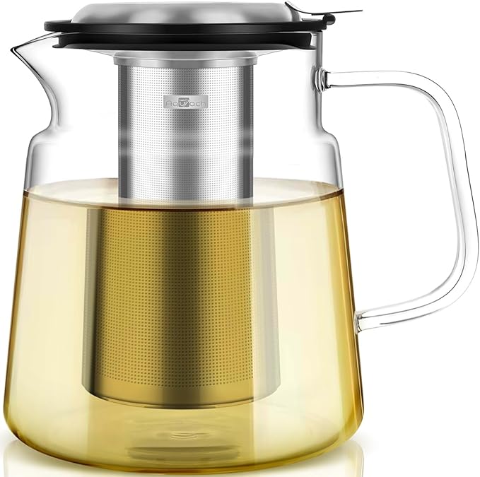 Aquach Glass Teapot with Removable Infuser - 57oz Borosilicate Tea Pot for Stovetop & Cold Brew, Stainless Steel Filter for Loose Leaf/Iced Tea