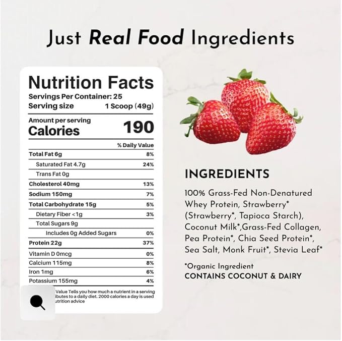 JUST INGREDIENTS Strawberries & Cream Protein Powder – 20-Serving Blend with 100% Grass-Fed Whey & Organic Plant Proteins – Real Strawberry Flavor – Supports Muscle Recovery, Energy*