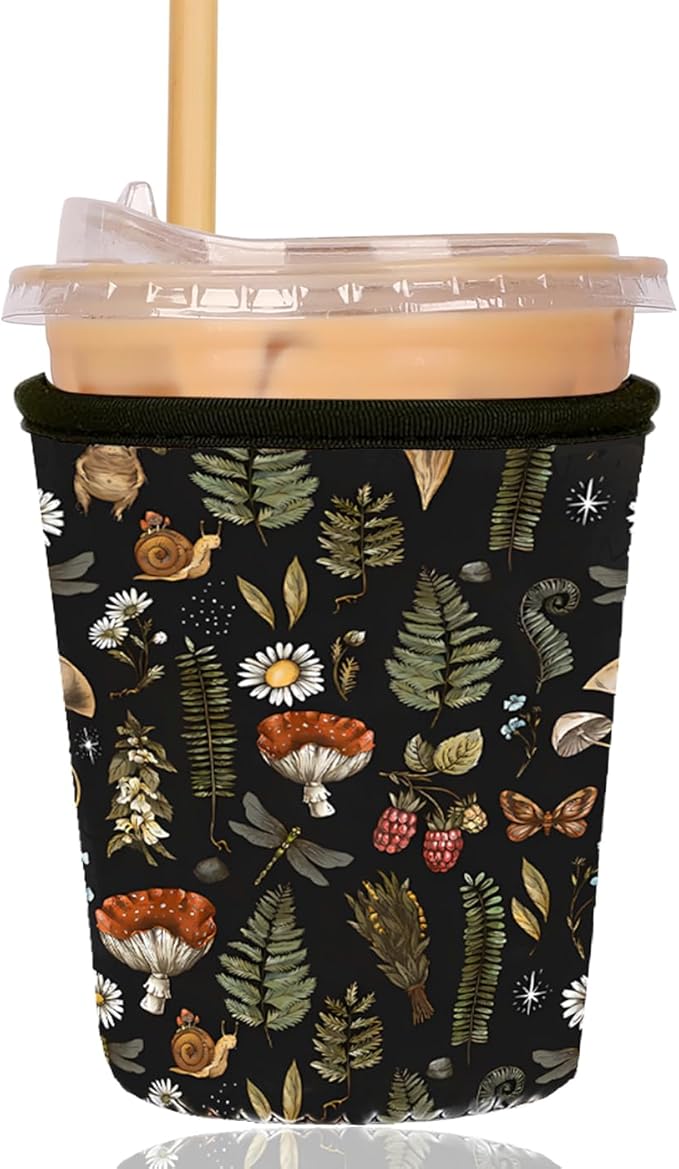 Reusable Insulated Sleeve for Iced Coffee Cup, Coffee Neoprene Sleeve for Cold & Hot Drinks, Beverage Holder for Iced Coffee (Mushroom Mirage, Small: 16-18oz)