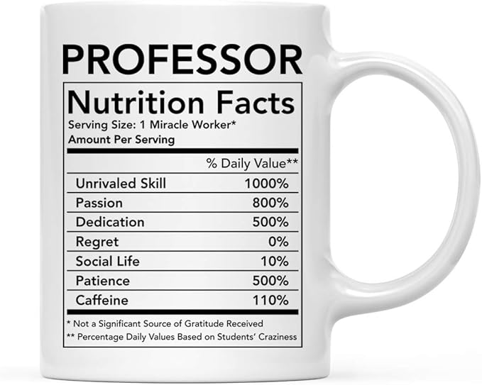 Andaz Press Funny 11oz. Ceramic Coffee Tea Mug Thank You Gift, Professor Nutritional Facts, 1-Pack, Novelty Gag Birthday Christmas Gift Ideas Coworker