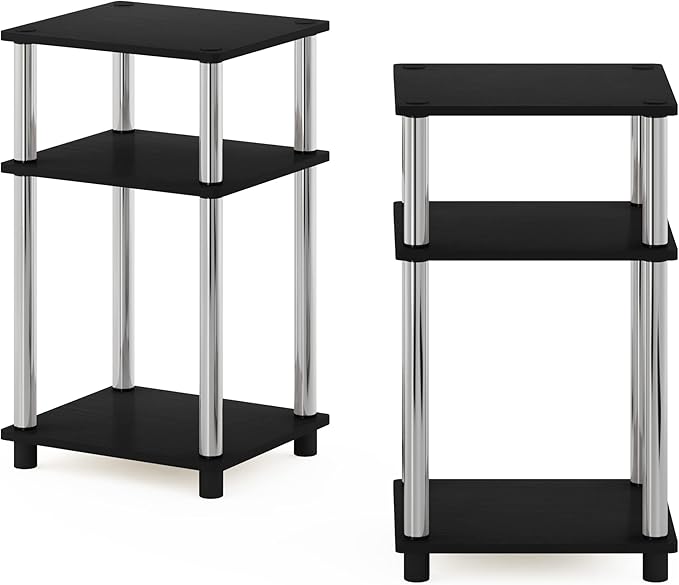 Furinno JUST Side Table Set of 2, 3-Tier End Tables, Open Shelves Night Stand, Nightstand, Toolless Assembly, for Living Room, Bedroom, Americano/Stainless Steel
