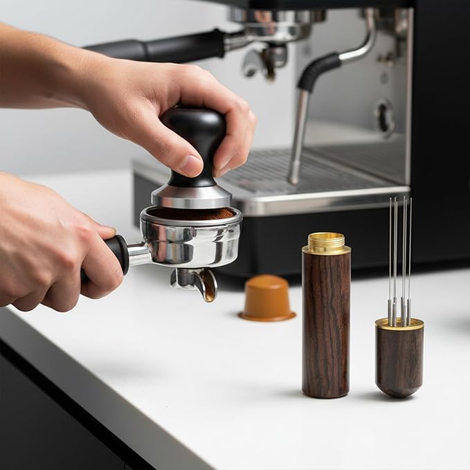 Normcore Wdt Tool, 6 Needles 0.3 mm Espresso Needle Distributor for Clump-Free Grounds, Natural Wood Handle Wtd Tool Espressos, Professional Barista Hand Needle Type Espressos Stirrer