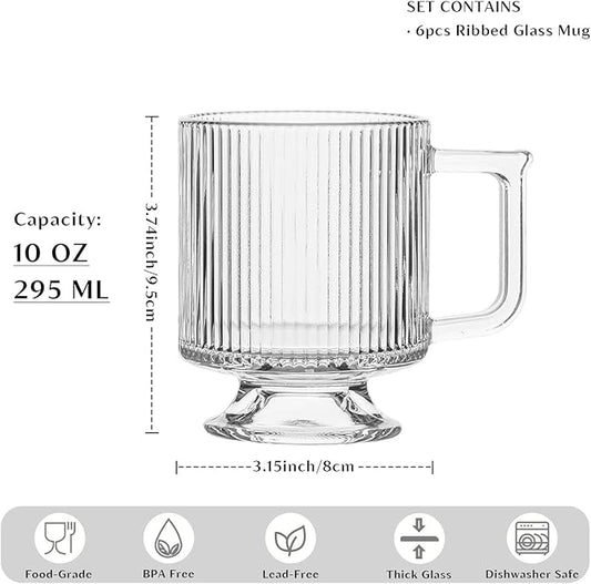 INSETLAN 6-Piece Ribbed Glass Coffee Mug Set, 10 oz Clear Glass Tea Cups with Handle, Modern Vertical Stripe Design for Everyday Drinks – Perfect for Coffee, Tea, Latte, Cappuccino, and More