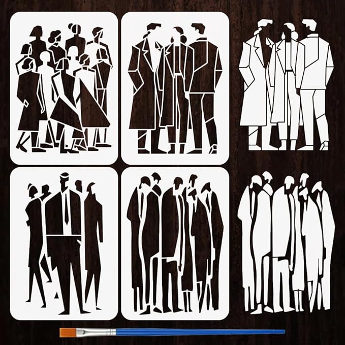 FINGERINSPIRE 4PCS Human Wave Painting Stencils 8.3x11.7 inch with a Brush Modern People Stencils Male & Female Figure Drawing Templates for Fashion Design Art Drawing Wall Painting Craft Projects