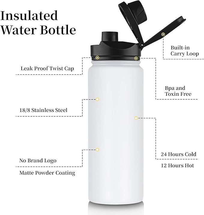 24 oz Insulated Water Bottle with Straw Lid & Wide Mouth Lids, Stainless Steel Sports Water Bottles, Double Walled Vacuum, Leak Proof, White